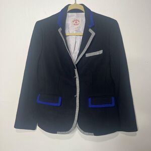 Brooks Brothers Red Fleece Black Wool Blazer Blue Gray Trim Stripe Lining Sz 8